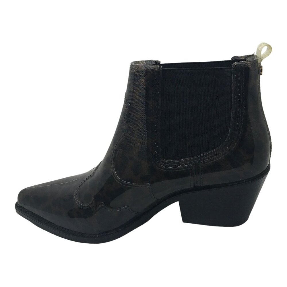 Sam Edelman Black Brown Leopard Pattern Rubber Ankle Boots - Picture 5 of 7